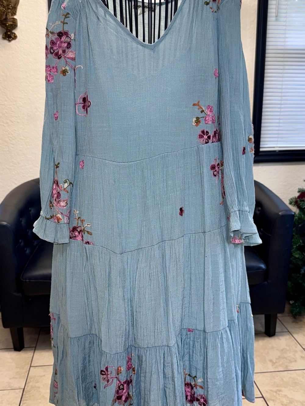Light Blue Floral Long Sleeve Tiered Midi Dress
